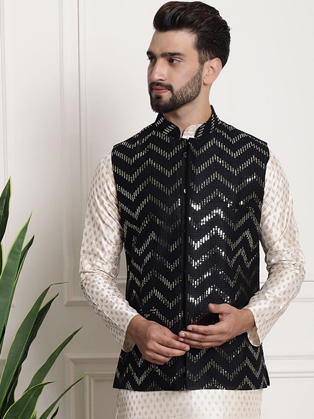 SOJANYA Chevron Embellished Mandarin Collar Pure Silk Nehru Jackets - view 1