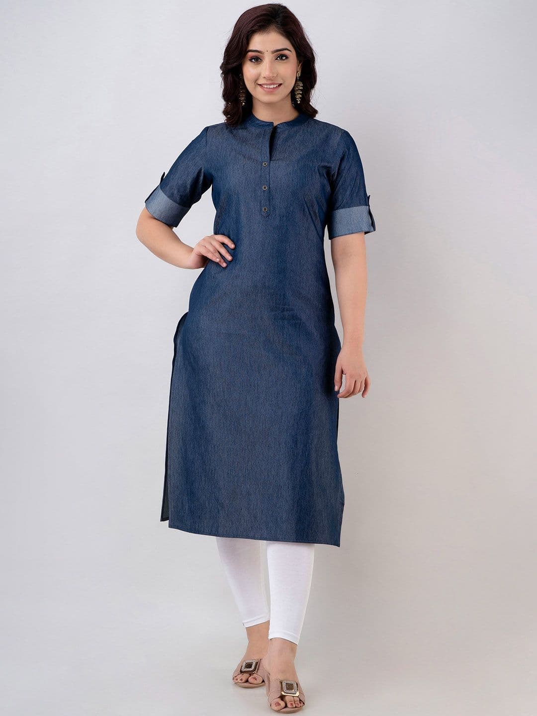 CELEBRAVO Mandarin Collar Roll-Up Sleeves Denim Straight Kurta - view 1