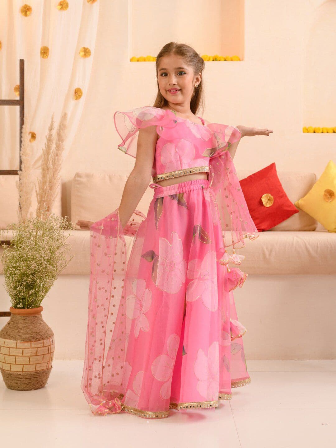 Pspeaches Girls Pink Foil Organza Circular Lehenga Choli Dupatta Set - view 1