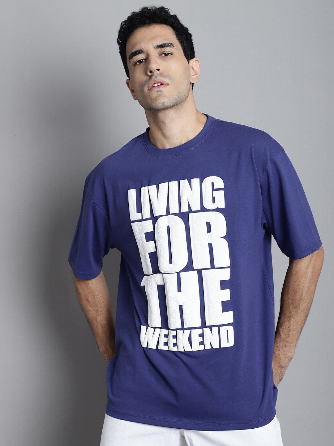 DOOR74 Typography Printed Drop-Shoulder Sleeves Oversized Cotton T-shirt - view 1