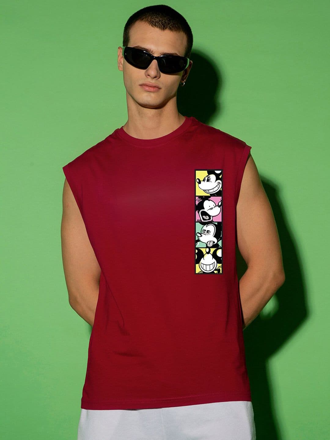 Bewakoof Red Mickey Mouse Printed Boxy Fit Sleeveless Pure Cotton Gym Vest 605665 - view 1