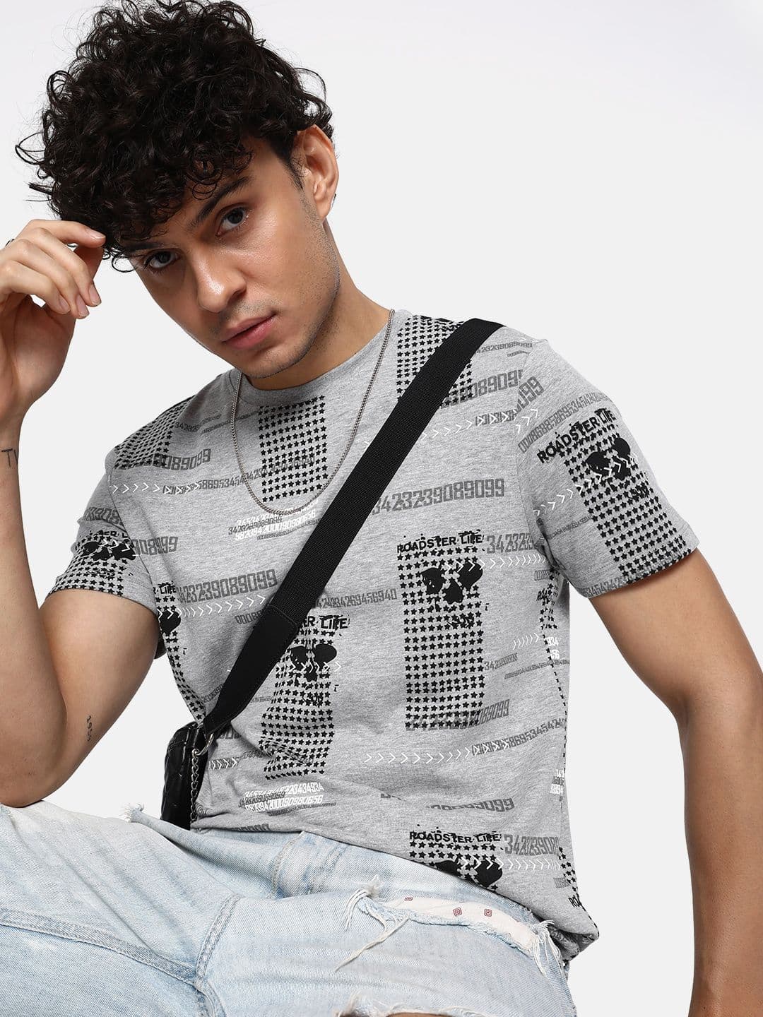 Roadster Men Grey All-Over-Printed Round Neck T-shirt - view 1