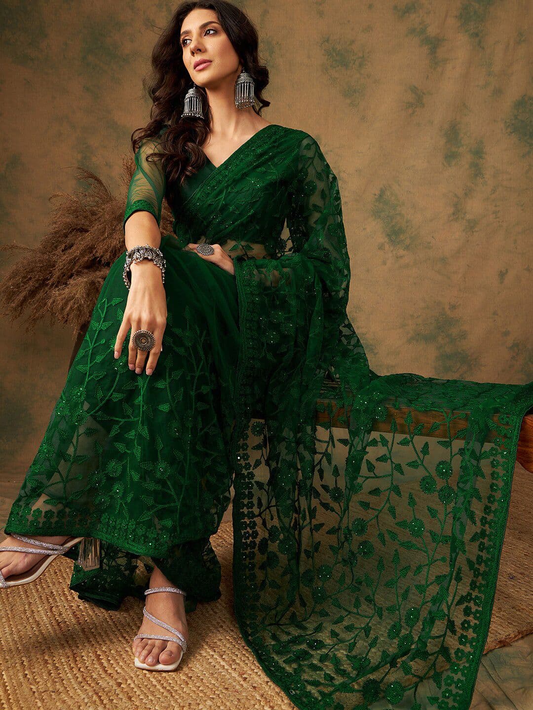 Sangria Floral Embroidered Net Sarees - view 1