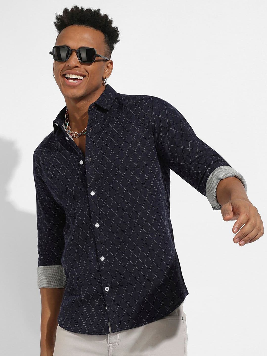 CAHOOT Navy Blue Classic Geometric Printed Cotton Casual Shirt - view 1