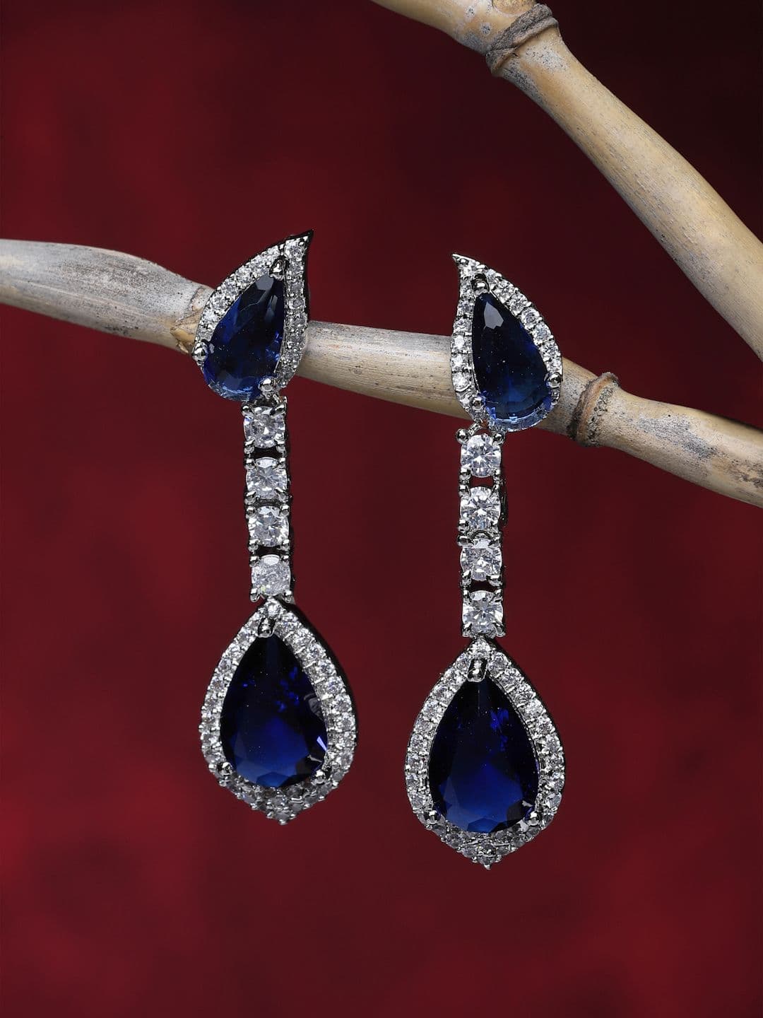 ZENEME Rhodium-Plated Navy Blue American Diamond Studded Drop Earrings - view 1