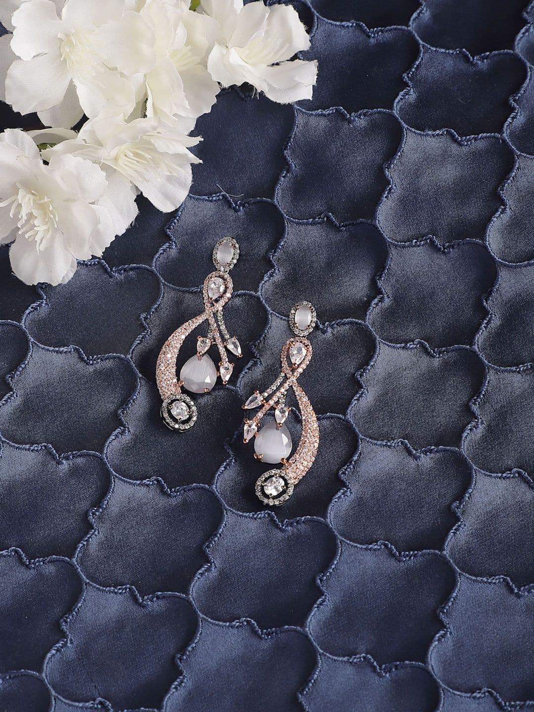 ZENEME Rose Gold Gunmetal Toned Grey American Diamond Studded Earrings - view 1