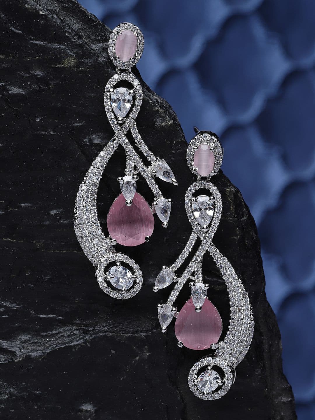 ZENEME Rhodium-Plated American Diamond Leaf Shaped Drop Earrings - view 1