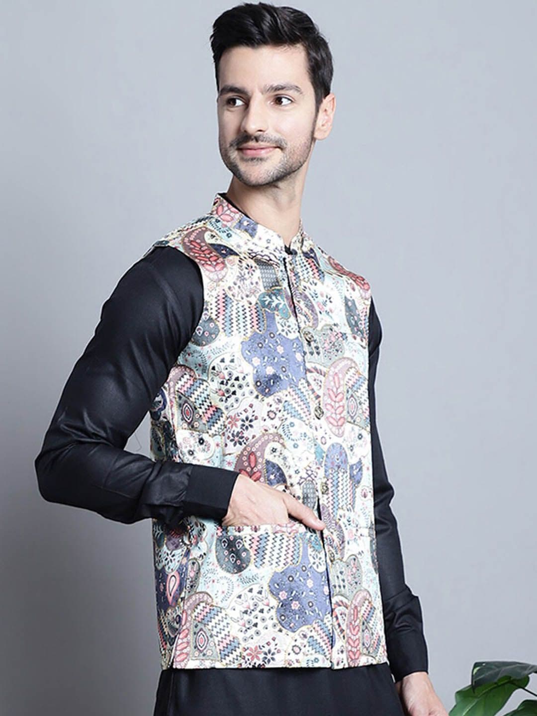 Jompers Printed Cotton Silk Nehru Jacket - view 1