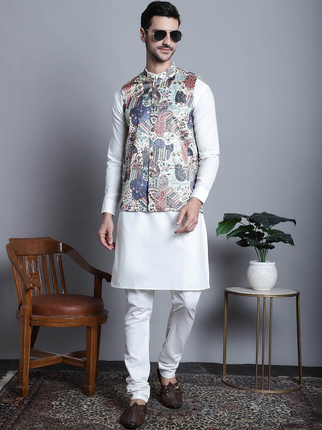 Jompers Printed Zari Cotton Silk Nehru Jacket - view 1