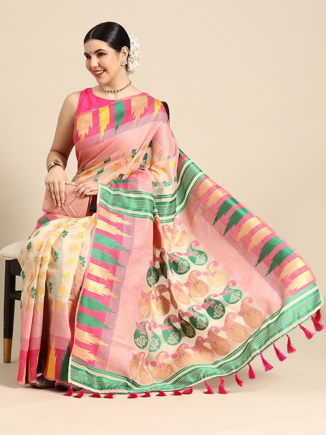 Silk Land Floral Phulkari Cotton Jamdani Saree - view 1