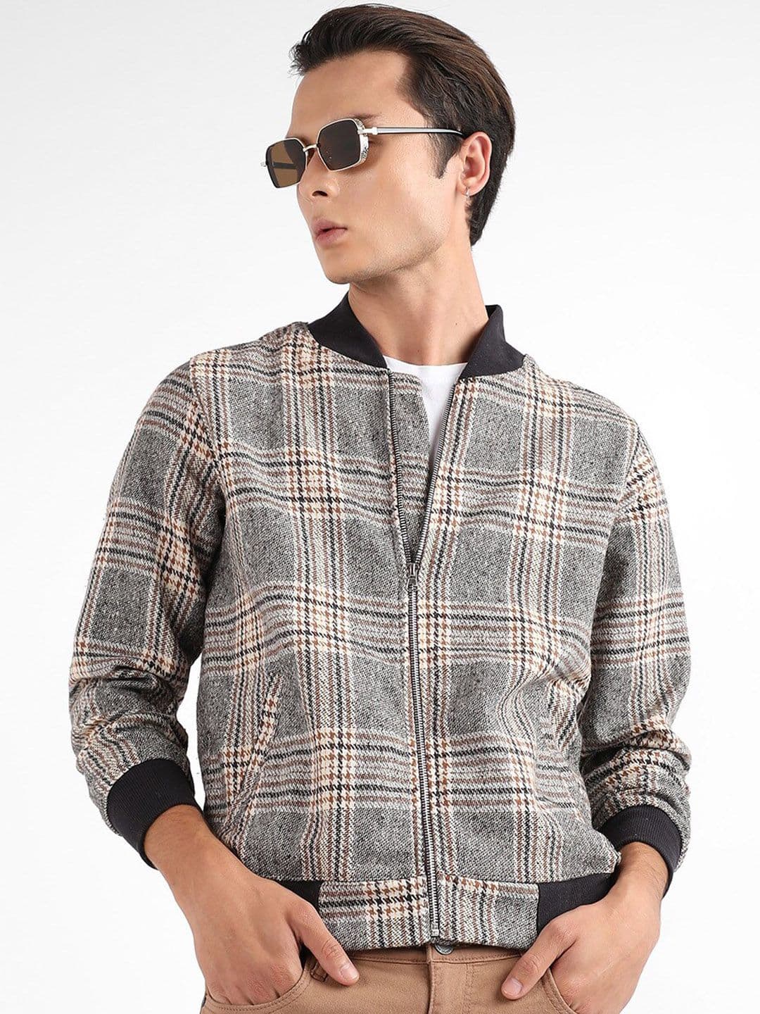 CAHOOT Checked Mock Collar Windcheater Crop Cotton Bomber Jacket - view 1