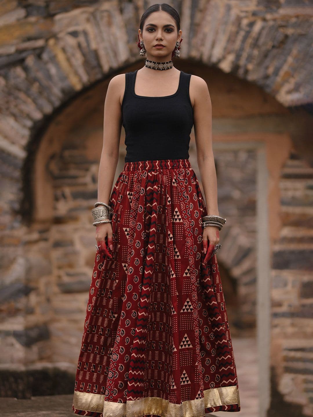 Anayna Women Printed A-Line Flared Cotton Maxi Skirt - view 1