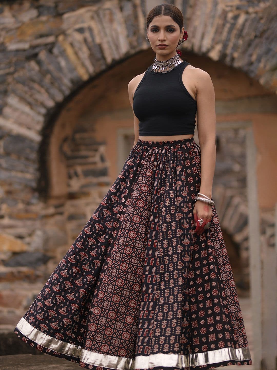 Anayna Women Printed A-Line Flared Cotton Maxi Skirt - view 1