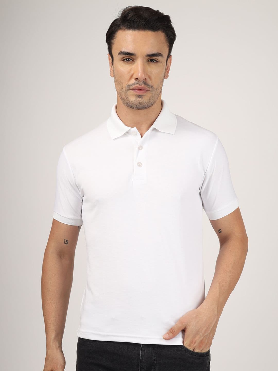 Greylongg Men Solid White Cotton Regular Fit Polo T-shirt - view 1