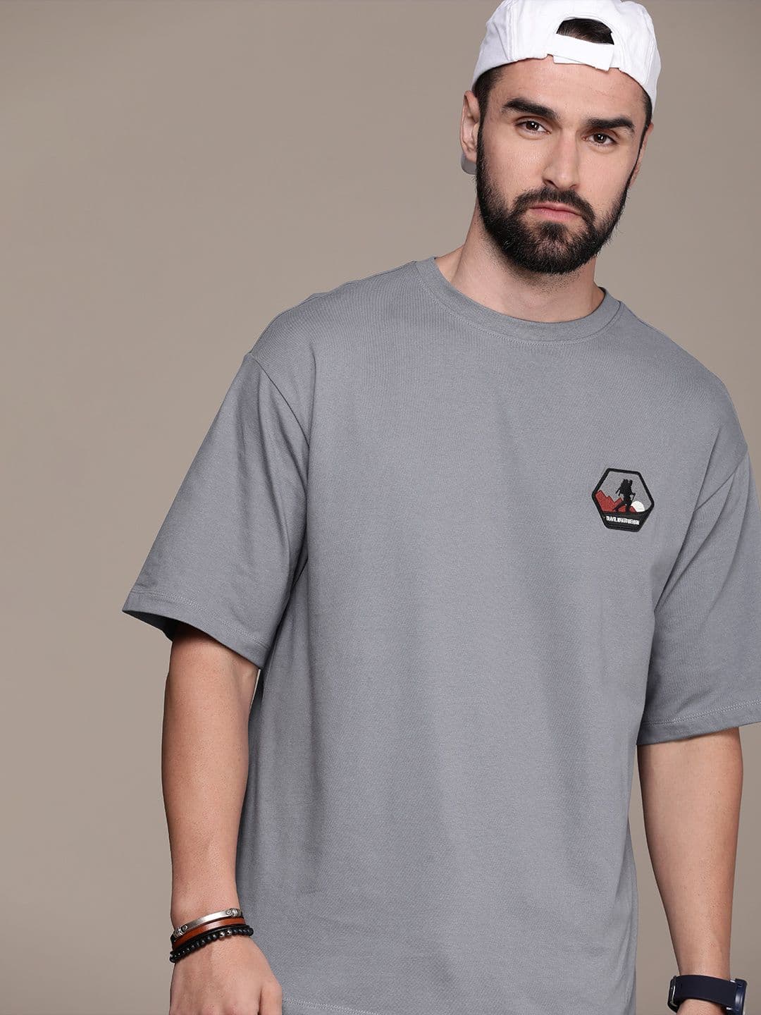 The Roadster Life Co. Embroidered Drop-Shoulder Sleeves Pure Cotton Oversized T-shirt - view 1