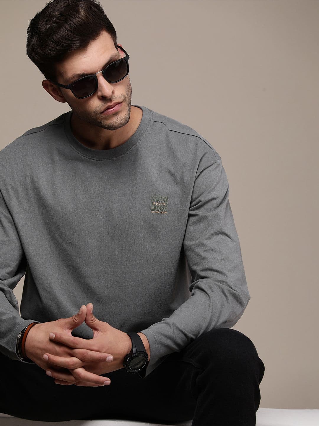The Roadster Life Co. Pure Cotton Solid Drop-Shoulder Sleeves Casual T-shirt - view 1