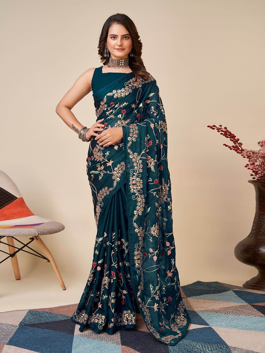 HERE&NOW Teal Floral Embroidered Saree - view 1