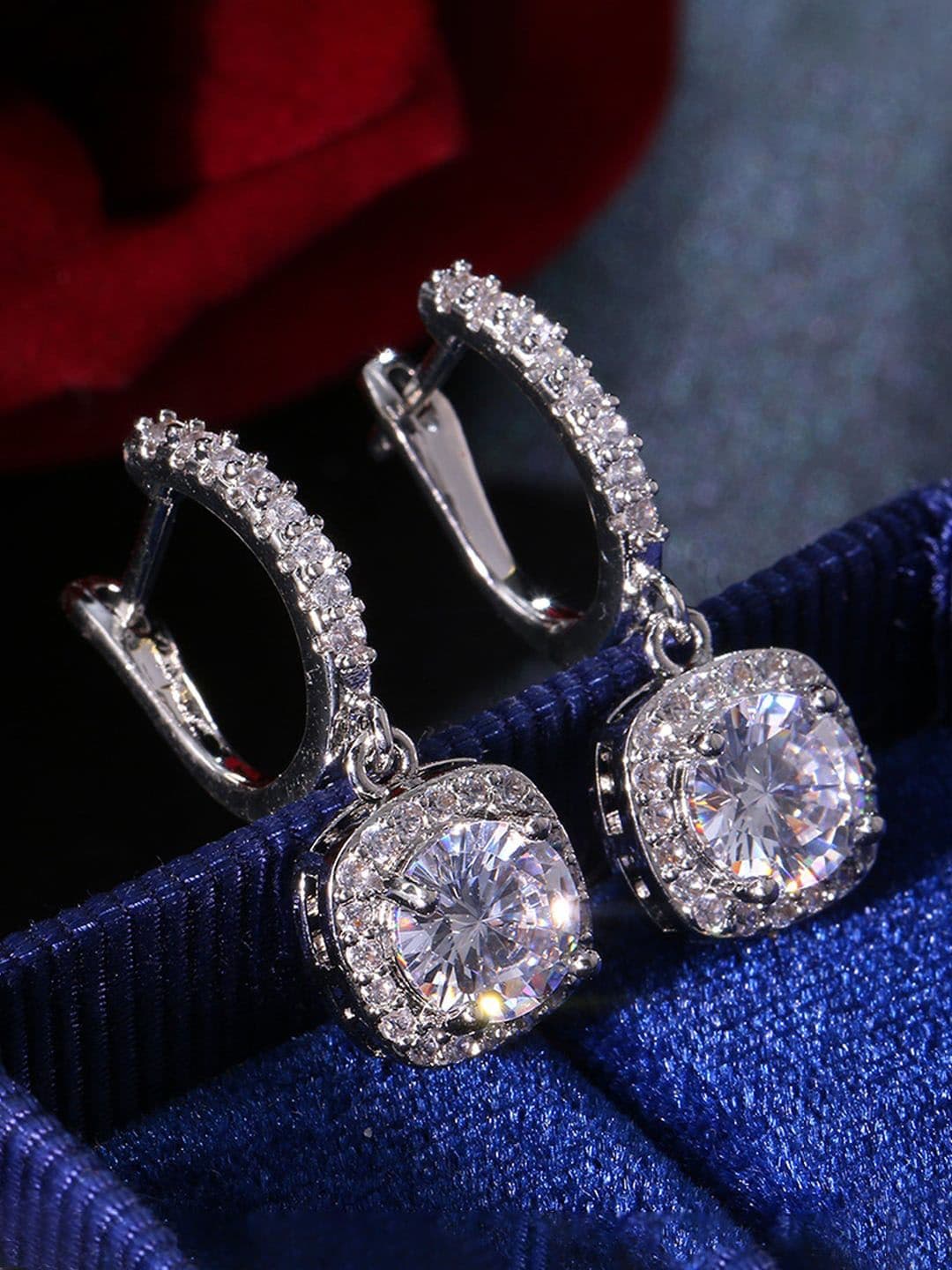 Designs & You Silver Plated American Diamond Studded Geometric Drop Earrings - view 1