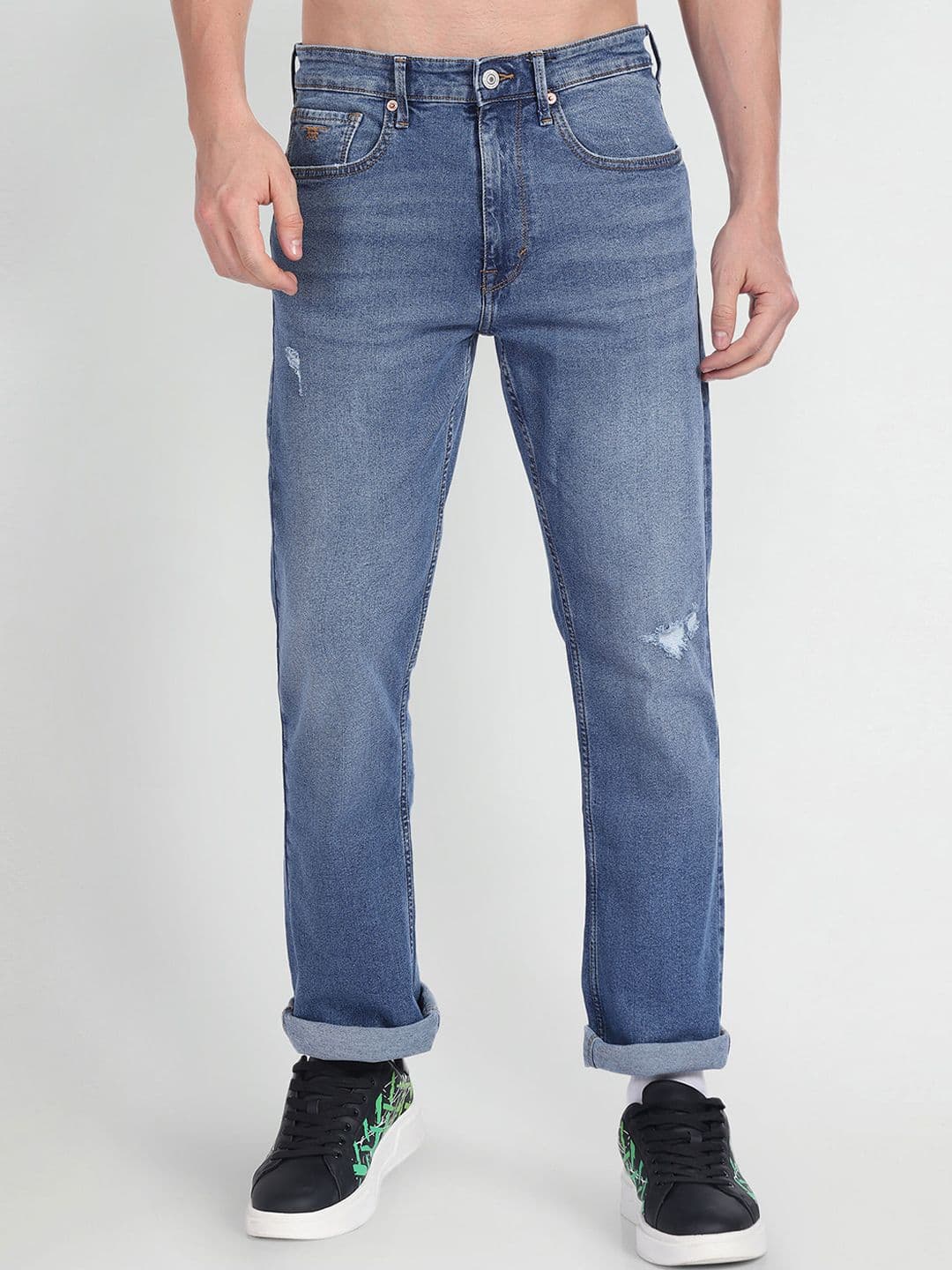 Flying Machine Men Bootcut Mildly Distressed Light Fade Stretchable Jeans - view 1