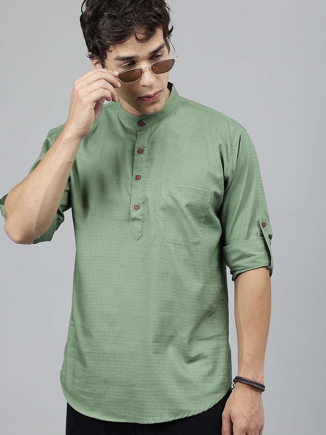 Hancock Self Design Band Collar Roll Up Sleeves Pure Cotton Short Kurta - view 1