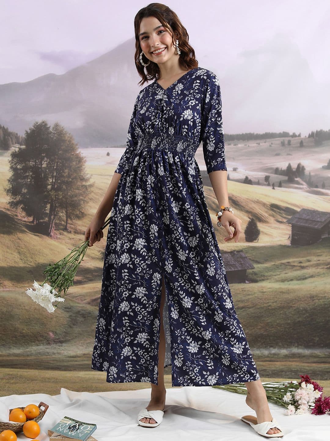 Tokyo Talkies Navy Blue Floral Printed Smocked Fit and Flare Midi Dress - view 1