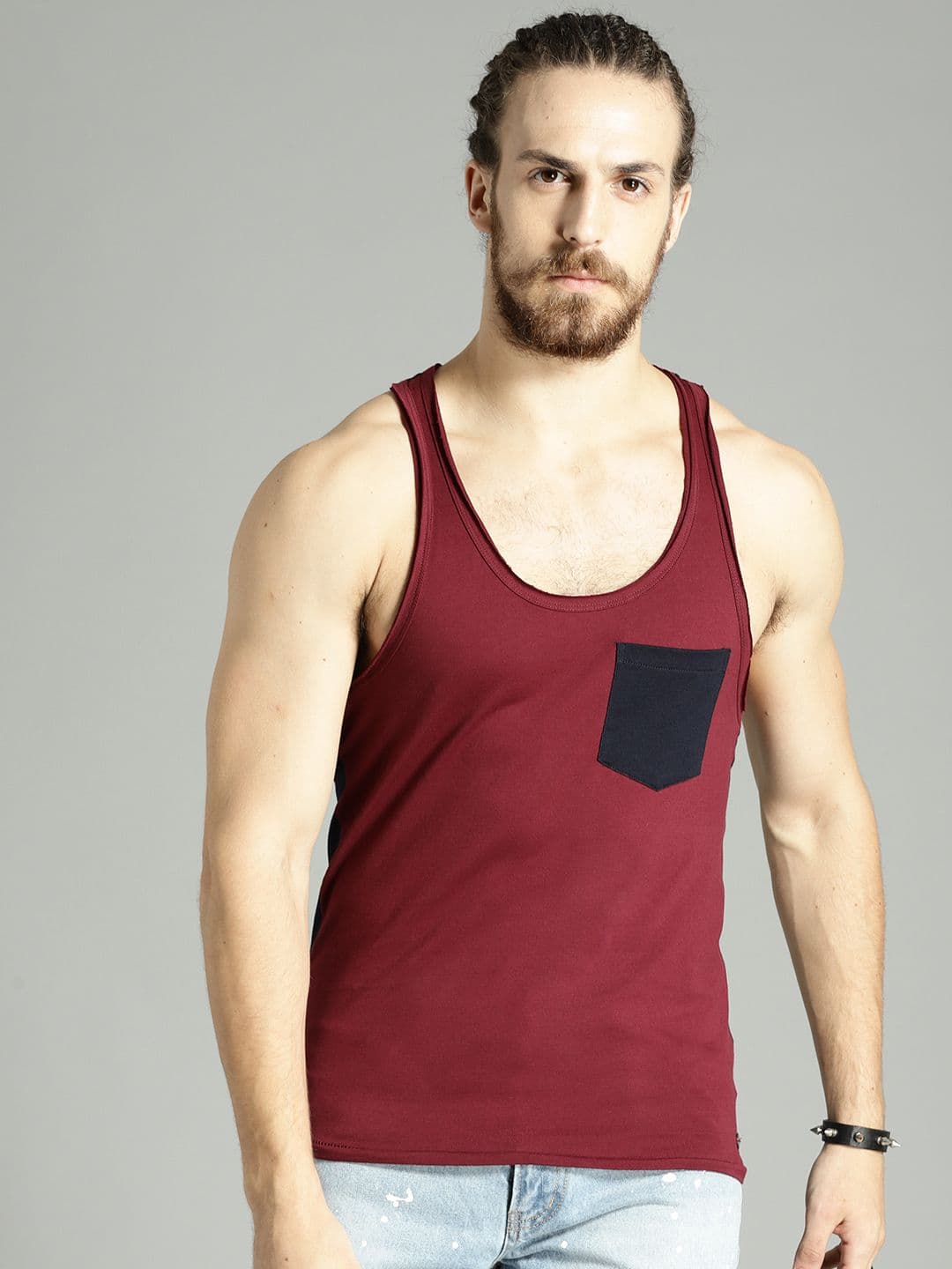 Roadster Time Travlr Men Maroon Sleveless Pure Cotton T-shirt with Raw Edges - view 1