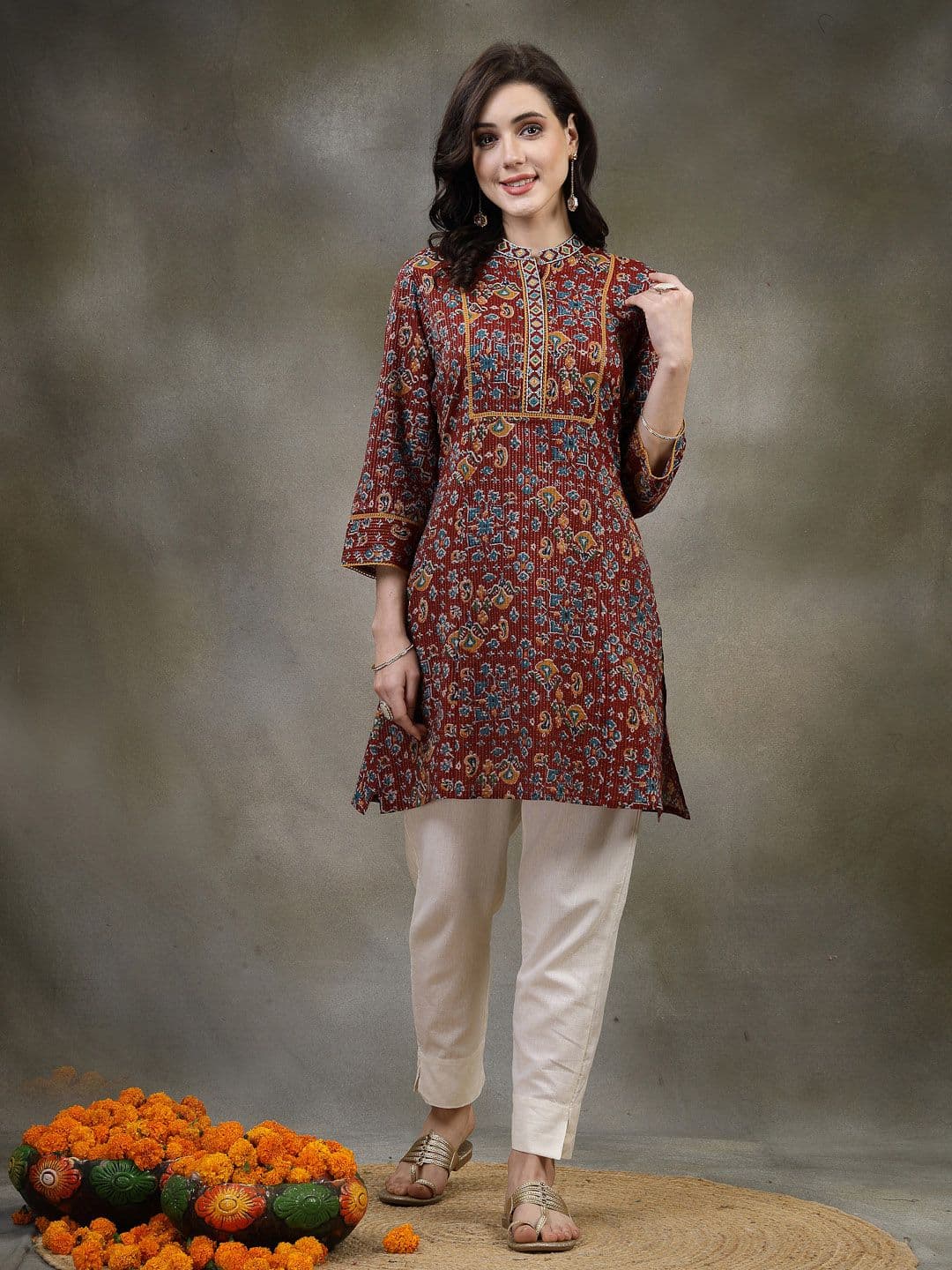 Nayam By Lakshita Rust Printed Mirror Work Mirror Work Kurti - view 1