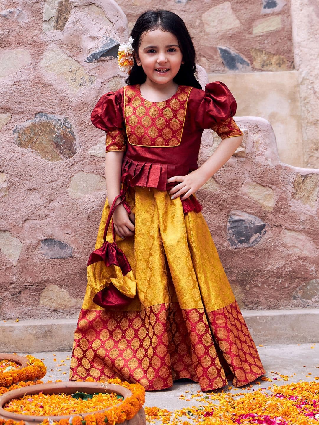 VASTRAMAY Girls Maroon & Yellow Ready to Wear Lehenga & Choli - view 1