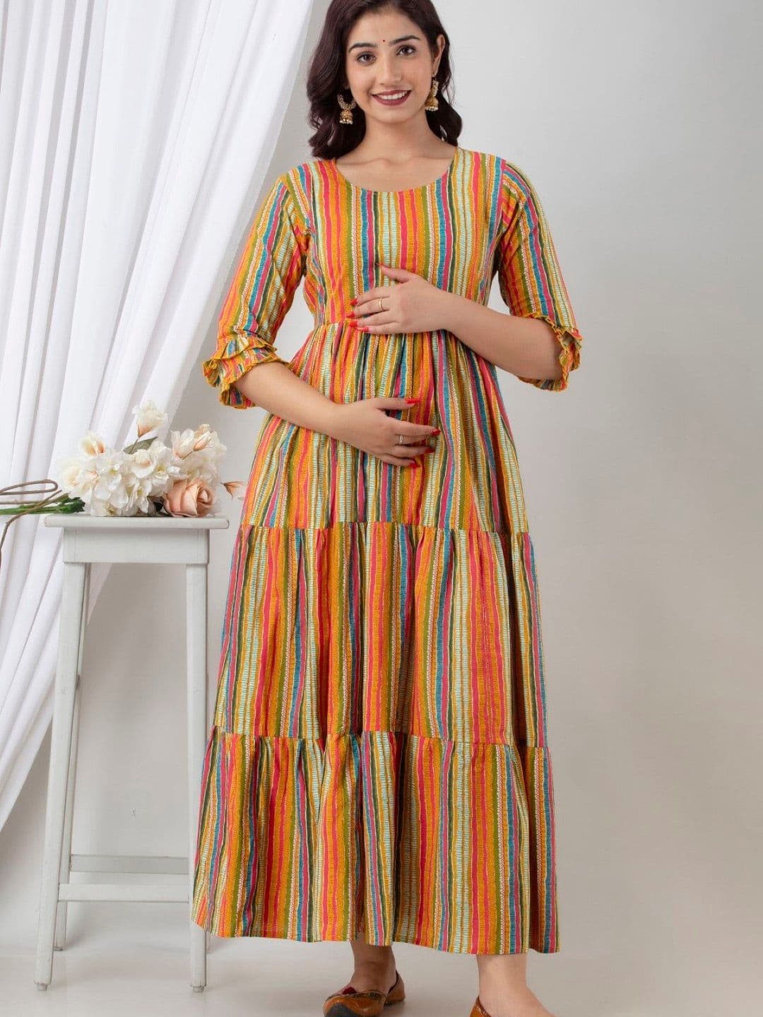 Henal Striped Gathered Maternity Cotton Fit & Flare Ethnic Dress - view 1