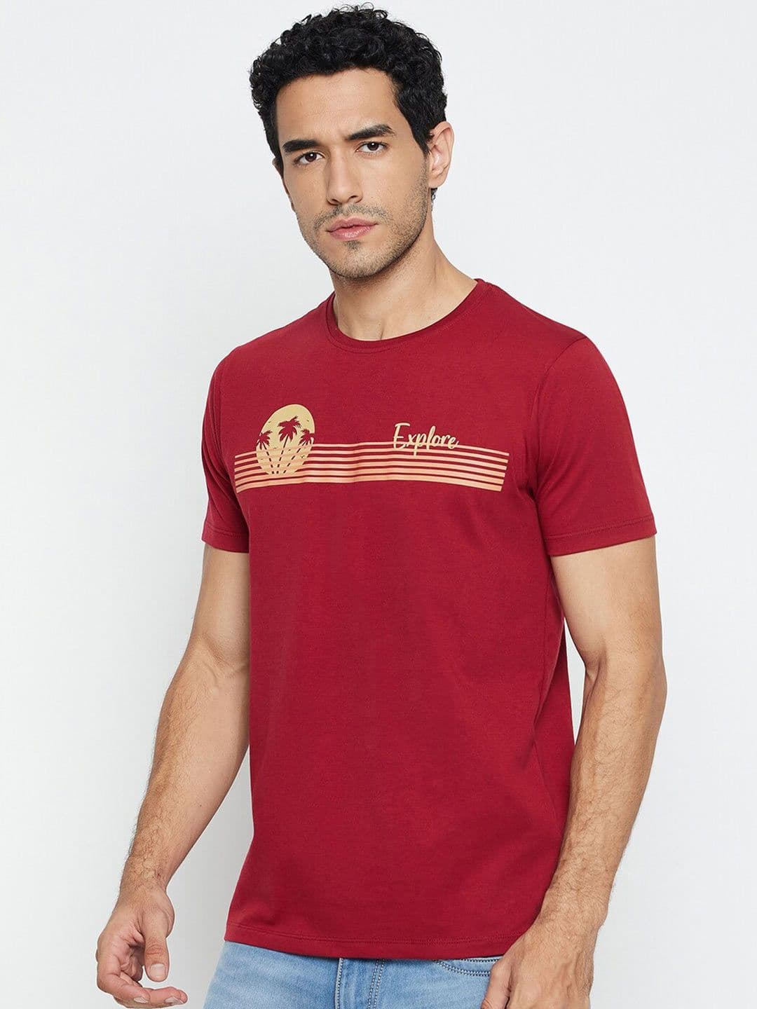 Mast & Harbour Maroon & Yellow Typography Printed Cotton T-shirt - view 1