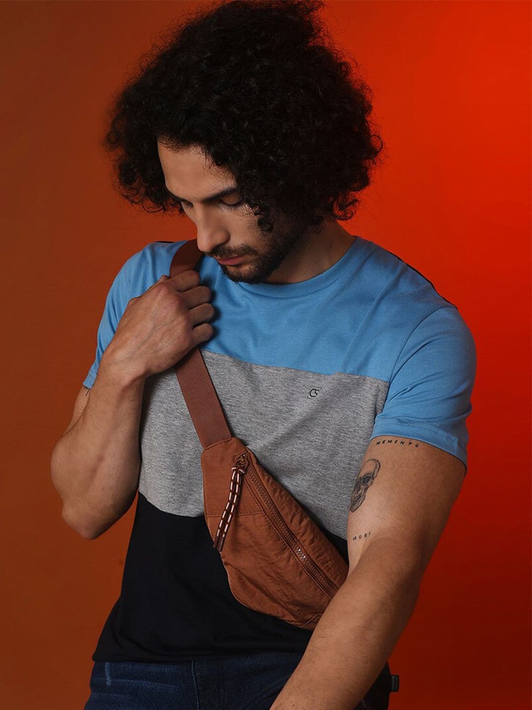 CAHOOT Campus Sutra Navy Blue & Grey Melange Colourblocked Cotton T-shirt - view 1