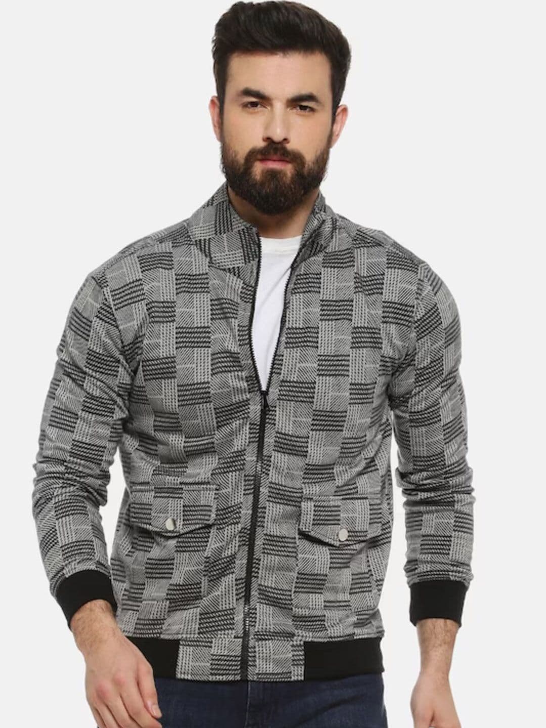 CAHOOT Grey Checked Stand Collar Windcheater Bomber Jacket - view 1