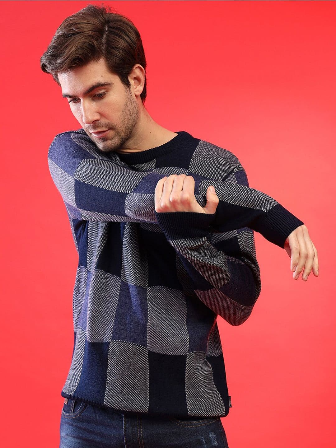 CAHOOT Blue & Grey Checked Woollen Pullover Sweaters - view 1