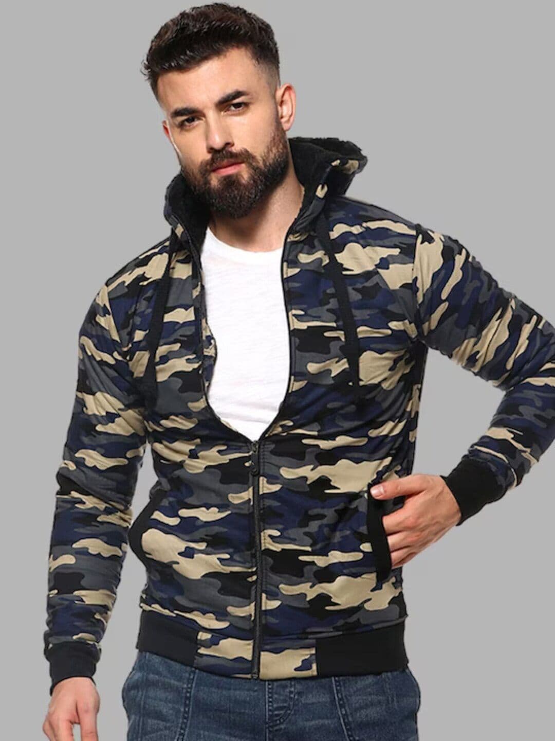 CAHOOT Campus Sutra Navy Blue & Beige Camouflage Windcheater Hooded Cotton Bomber Jacket - view 1