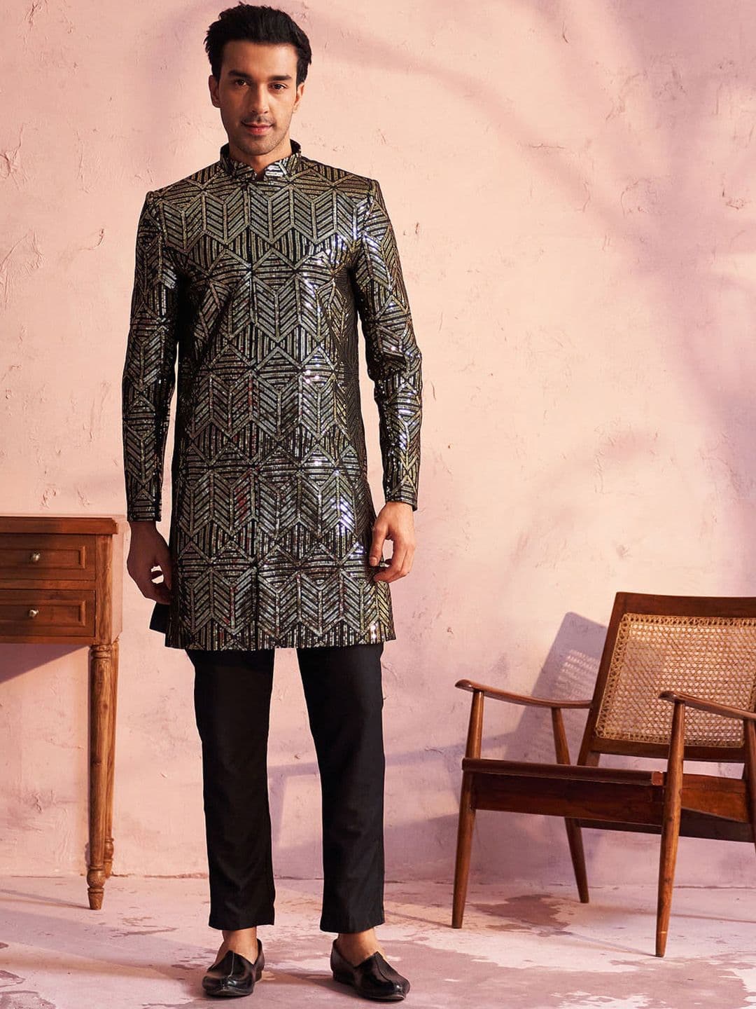 VASTRAMAY Embellished Sequinned Slim Fit Sherwani Set - view 1