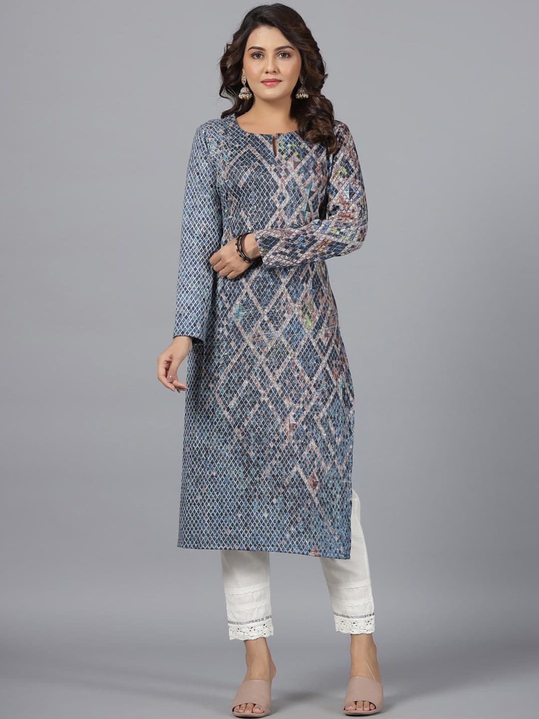 Juniper Geometric Printed Keyhole Neck Sequinned Straight Kurta - view 1