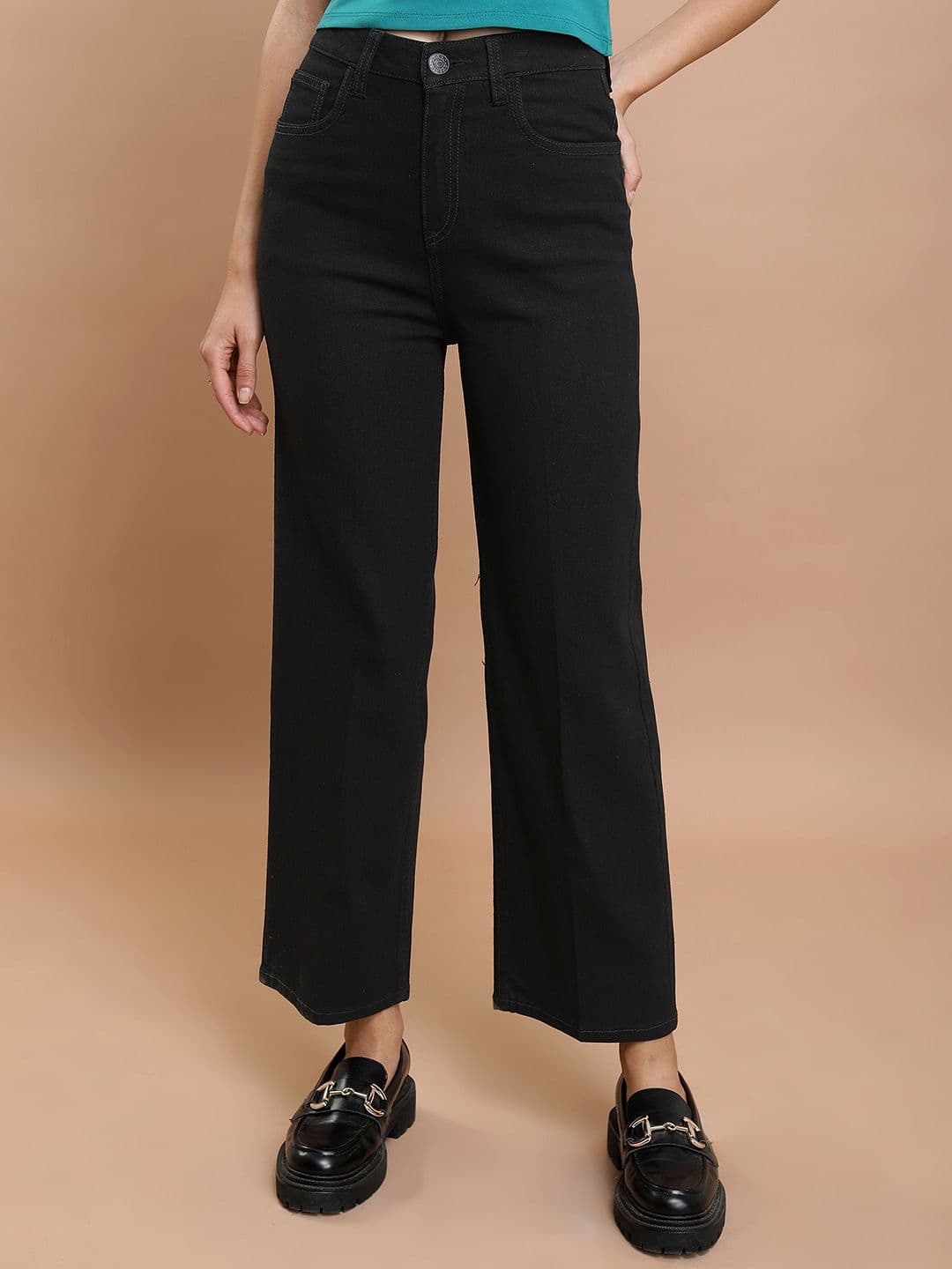 Basics By Tokyo Talkies Women Flared Mid-Rise Clean Look Straight Fit Stretchable Jeans - view 1