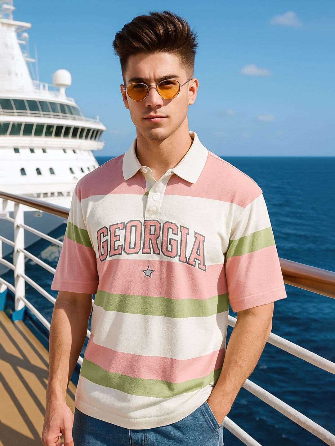 Maniac Striped Polo Collar Pure Cotton T-shirt - view 1