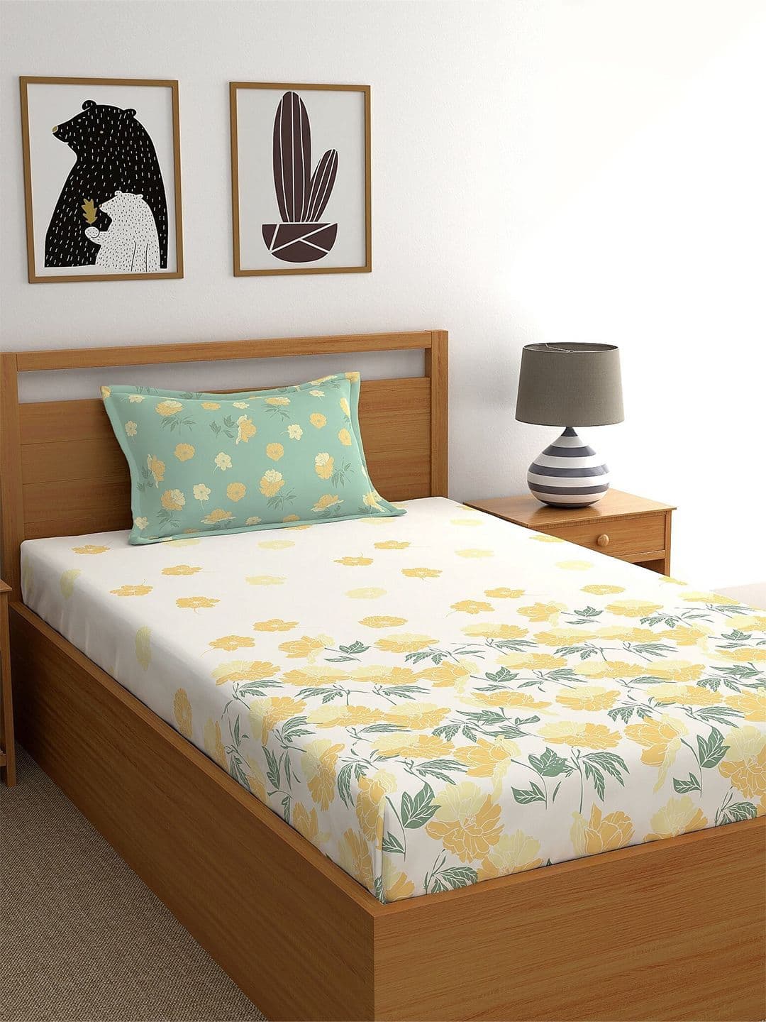 Dreamscape Beige & Yellow Floral Pure Cotton 140 TC Fitted Single Bedsheet & Pillow Cover - view 1