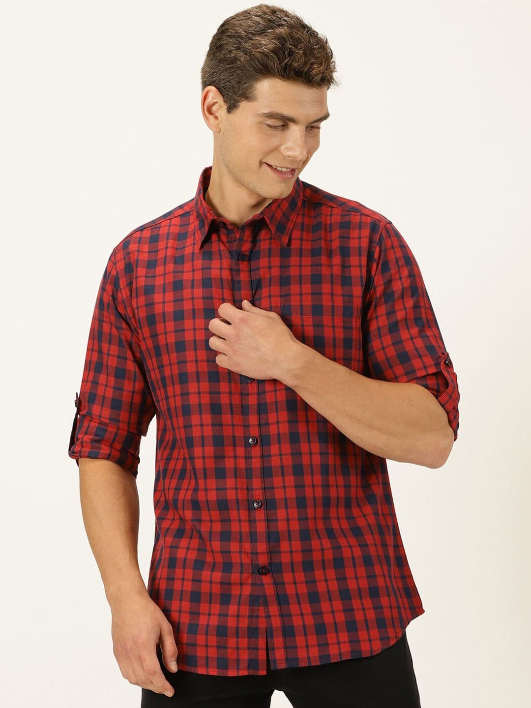 Harvard Red Classic Slim Fit Twill Tartan Checked Pure Cotton Casual Shirt - view 1