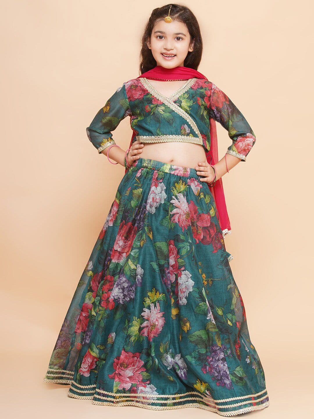Bitiya by Bhama Girls Floral Printed Sequined Ready to Wear Lehenga & Blouse With Dupatta - view 1