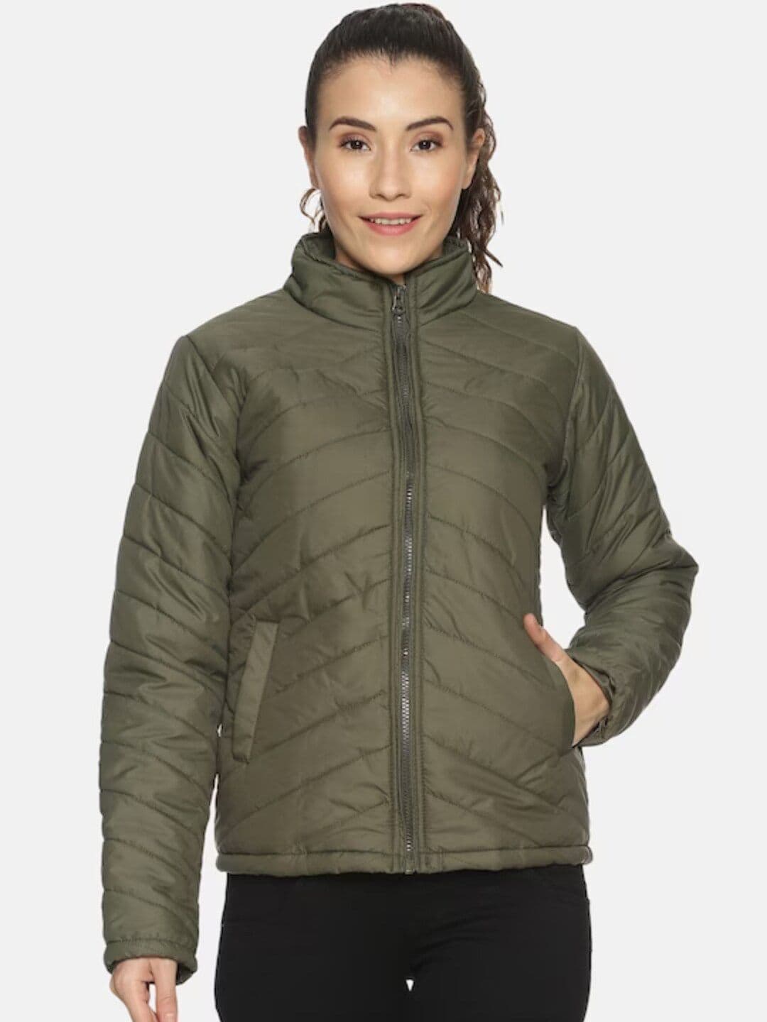 PINACOLADA Olive Green Mock Collar Windcheater Outdoor Puffer Jacket - view 1