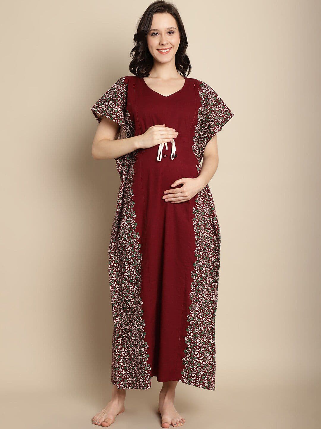 Secret Wish Maternity Floral Printed Pure Cotton Maxi Kaftan Nightdress - view 1
