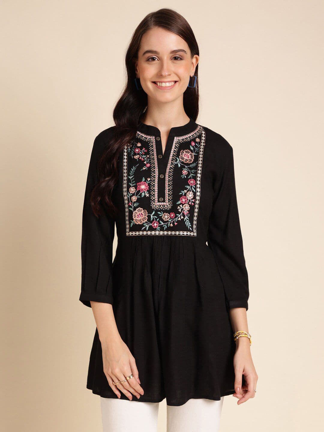 Sangria Women Floral Embroidered Mandarin Collar Tunic - view 1