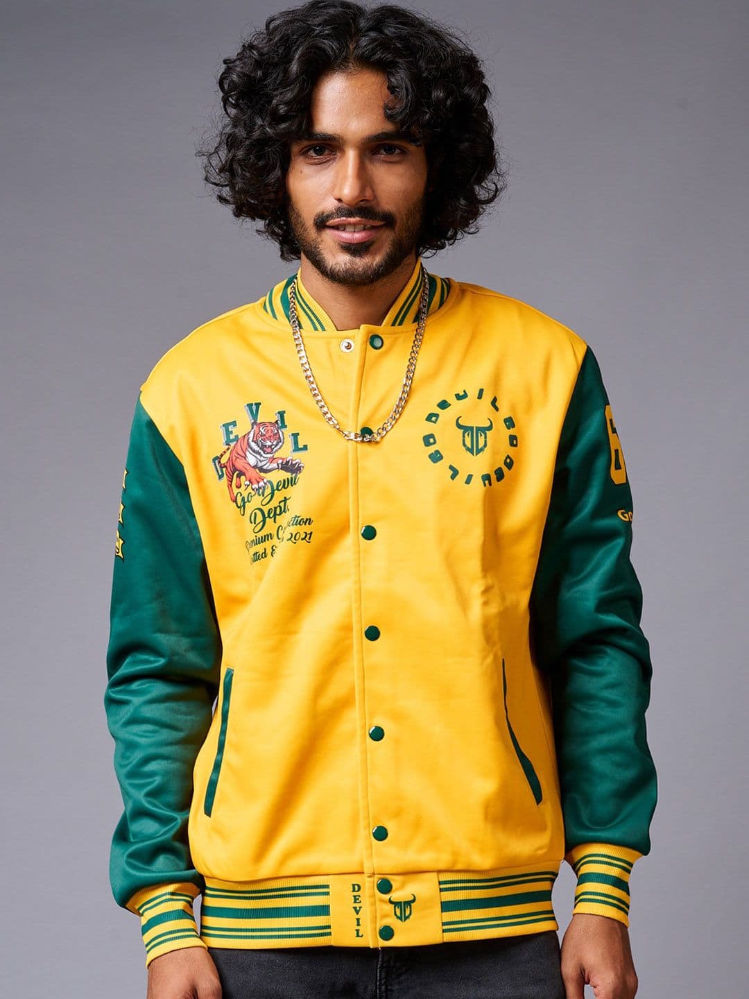 GO DEVIL Typography Printed Cotton Varsity Jacket with Zip Detail - view 1