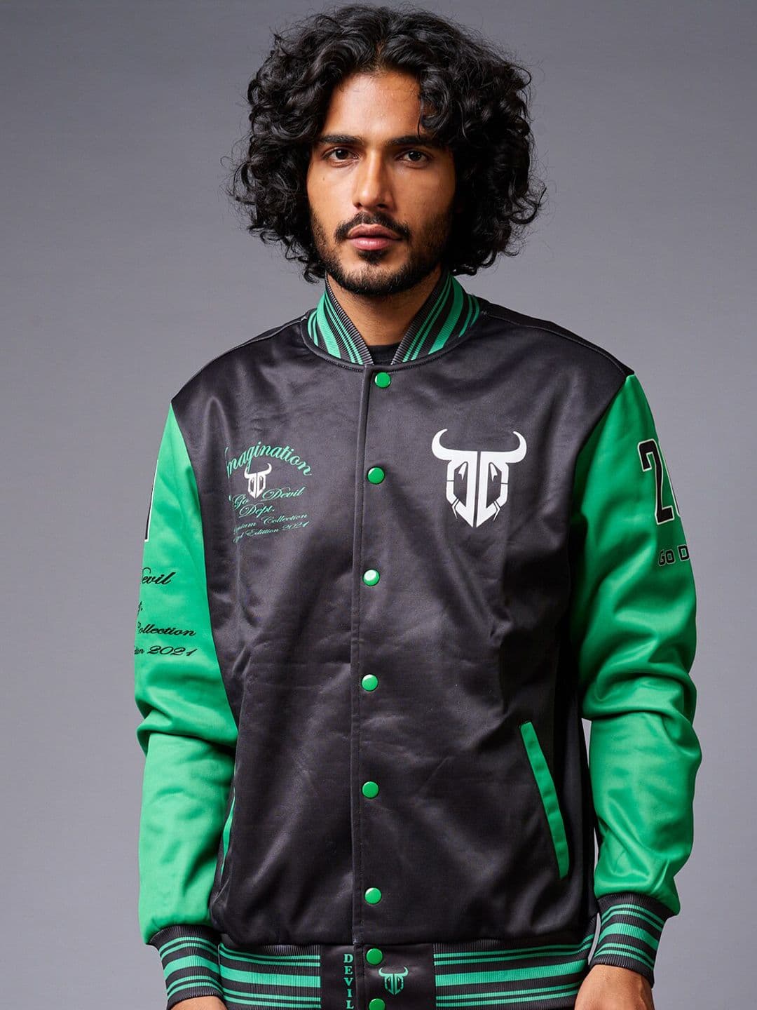 GO DEVIL Colourblocked Stand Collar Varsity Jacket - view 1