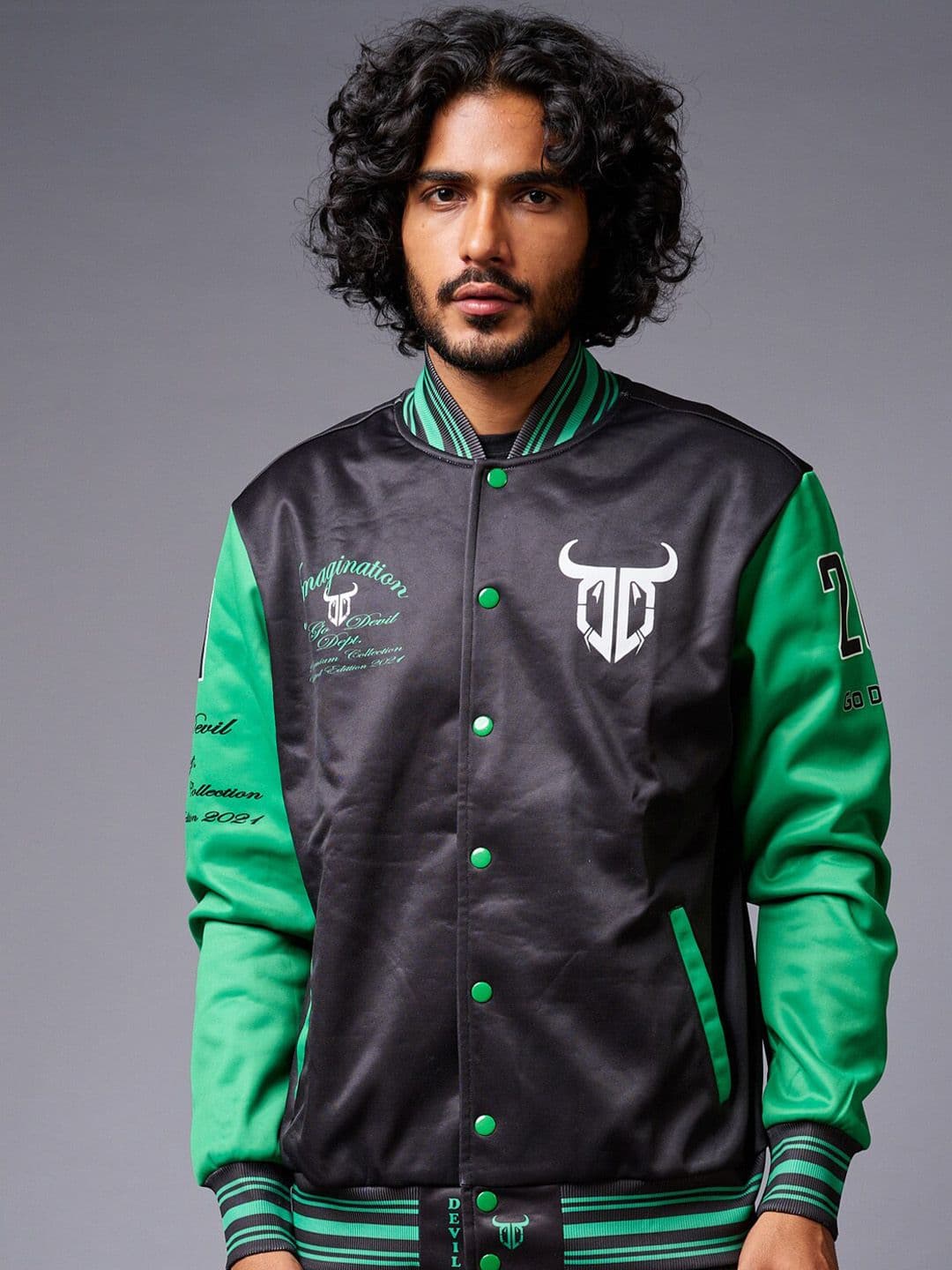 GO DEVIL Colourblocked Stand Collar Varsity Jacket - view 1