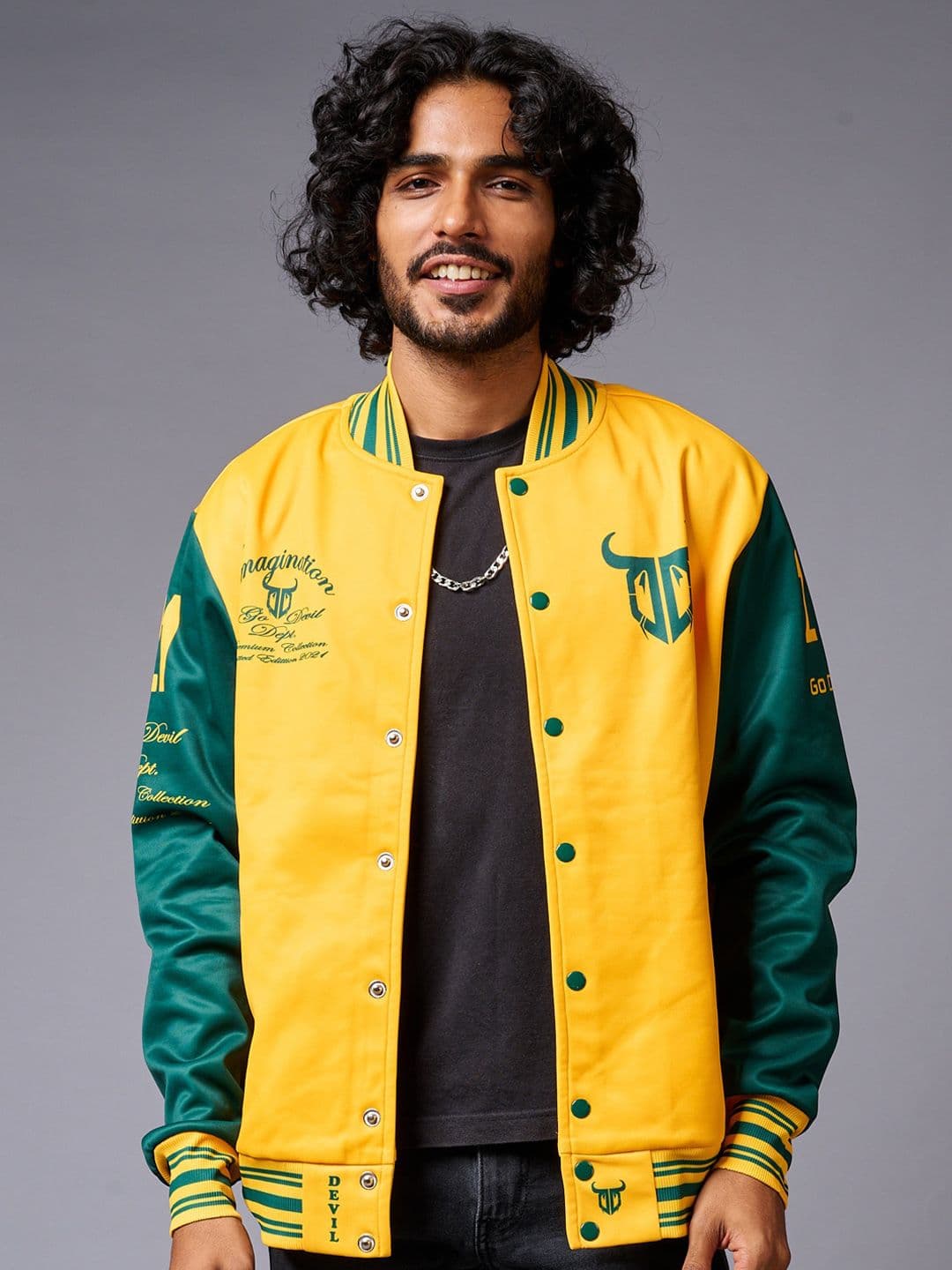 GO DEVIL Colourblocked Stand Collar Varsity Jacket - view 1