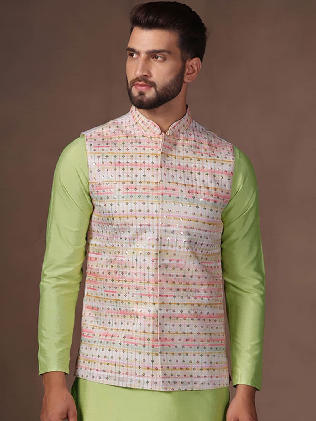 KISAH Embellished Nehru Jacket With Pocket Square - view 1
