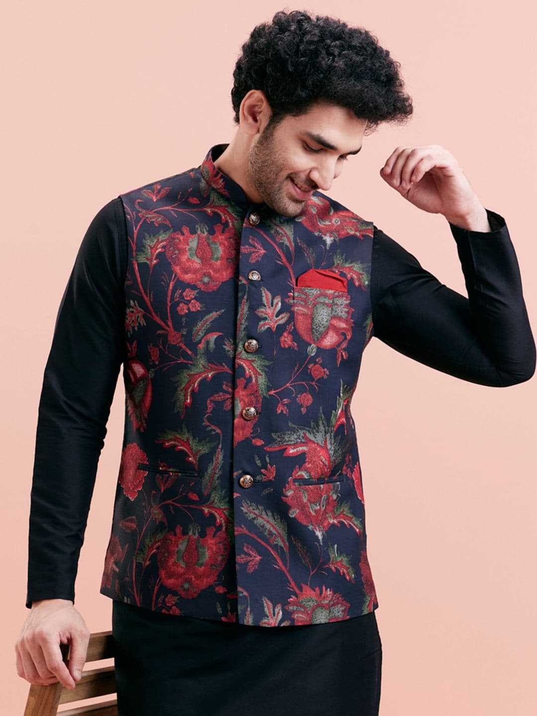 KISAH Men Floral Printed Regular Fit Nehru Jacket - view 1